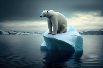 Fototapeta na wymiar Generative AI illustration of lonely white bear on iceberg, aurora sky