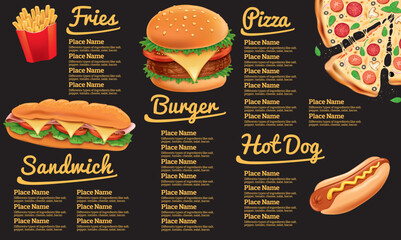 Fast food menu on black chalkboard with hamburger, fries, hotdog,  sandwich, baguette, pizza,