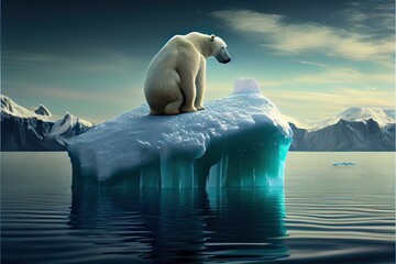 Generative AI illustration of lonely white bear on iceberg, aurora sky