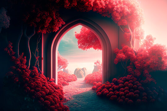 Dreamy valentine's day landscape with arch of  trees. Surreal valentine nature with red forest and flowers.