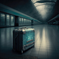luggage in an empty train station or airport.Generative AI
