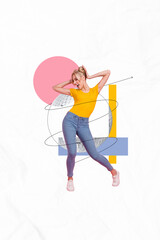 Vertical collage image of carefree cheerful girl dancing chilling disco ball isolated on drawing background