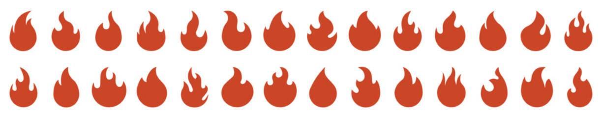 Fire icon collection. Concept flame, fire, icon. Flame icon in red. Campfire symbol. Logo design fire. Bonfire silhouette logotype. Vector illustration.