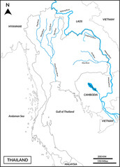 Map of Thailand includes regions Mekong River, Mun, Chi, Chao Phraya, Ping, Wang, Yum, Nan River, borderline countries Myanmar, Laos, Cambodia, Vietnam, Gulf of Thailand, and Andaman Sea. Vector Map