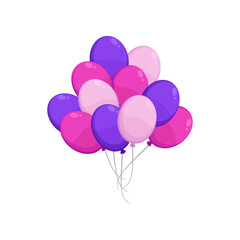 Purple and pink flying balloons as decoration for party illustration. Inflatable spheres, balloons for wedding, festival or carnival isolated on white background. Decoration, celebration concept