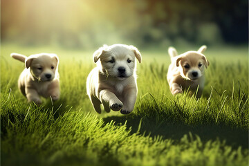 Several cute puppies run on the green grass. AI generated.