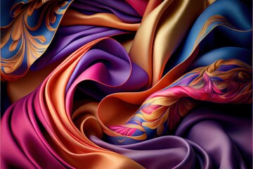 Generative AI illustration of soft silk colorful fabric, texture and background