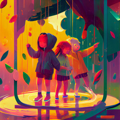 several children are playing in the playground in the rain