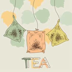 Tea bags banner or flyer. Tea shop label with hanging tea pyramids in retro syle