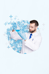 Photo collage artwork sketch image of scientist laboratory assistant flask chemistry invent vaccine medicine isolated on painted background