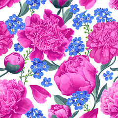 Seamless botanical spring vector pattern. Pink and blue realistic peony and forget-me-not flowers. Repeating pattern for textiles, design your product, prints for clothes, cards, surface design © MPetrovska