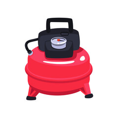 Red air compressor vector illustration. Vector illustration of pneumatic equipment for construction works. Cartoon machine with pump, tank of gas under pressure, rotary engine isolated on white. Duct