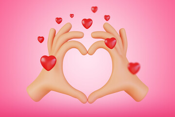 Cartoon Hands holding a red heart or valentines day decoration, 3D rendering illustration