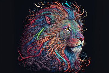 Colorful Lion in a psychedelic style background, Rainbow Lion fantasy, Neon Lion, generative ai.