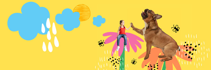 Creative contemporary art collage. High five. Little girl, child sitting on flower, playing with cute dog on summer drawn background. Concept of childhood, emotions, happiness, pets, domestic animals