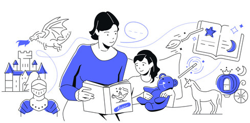 Mother reading daughter a book - modern colorful line design style illustration