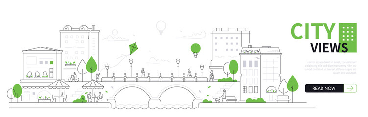 City views - thin line design style vector web banner