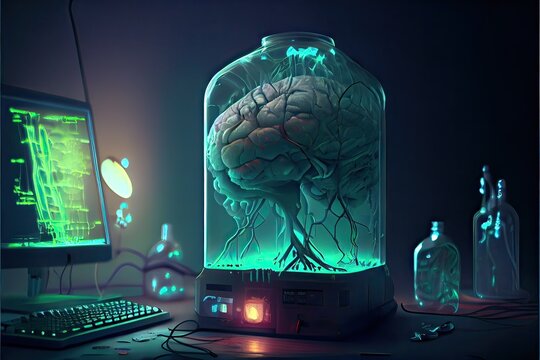 Generative AI illustration of a brain in a jar sitting in an old lab, wires everywhere connect it to a row of monitors and glowing computer screens