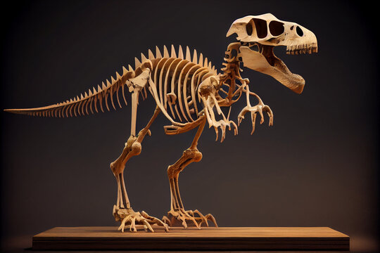 Dinosaur skeleton on a wooden stand. Generative AI	
