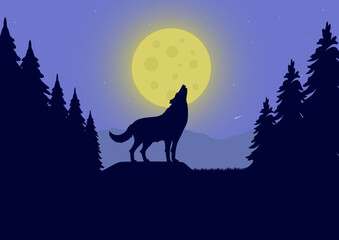 wolf howling at the full moon in the night forest vector illustration