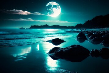 Beautiful night landscape of tropical beach with full moon in the ocean beach. Generative AI