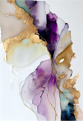 Generative AI illustration of alcohol ink painting, white abstract, pastel tones with golden cracks