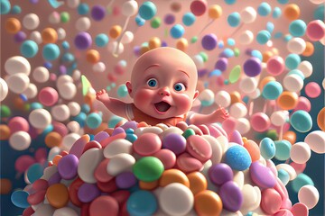 Fototapeta na wymiar Generative AI illustration of cute baby character and a lot of lollipops flying around, background confectionery