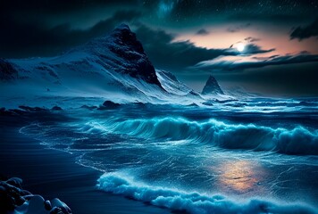 Storm on the ocean, northern light. Beautiful landscape of Islandia, Norway, Generative AI