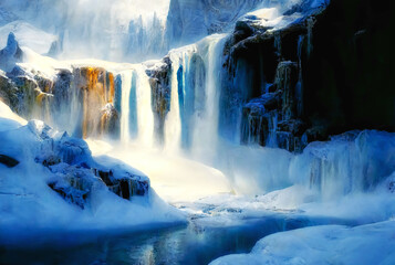 Frozen waterfall background, winter ladscape, river, snow, ice. Generative AI