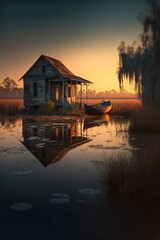 Fototapeta premium dramatic landscape sunset cajun swamp scene with shack and boat Generative AI