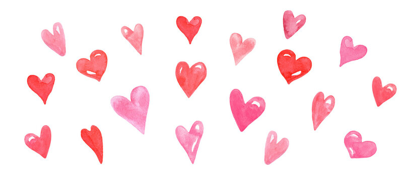 Valentine's Day banner with hand-painted hearts. Illustration made in watercolor style. Holiday background. PNG clipart with transparent background.