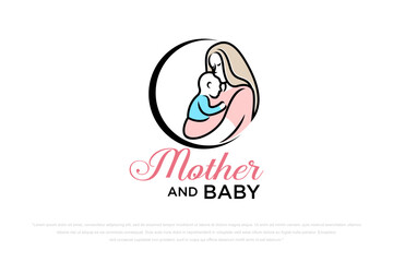 mother and baby stylized vector symbol, mom hugs her child logo template.mother day logo design
