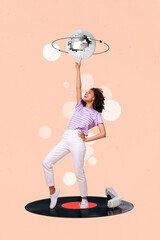 Creative bright photo collage picture artwork poster sketch of positive lady turn discoball have...