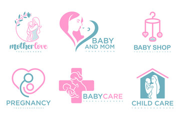 icon set logo design.happy baby and mother.badges for children store & baby care center.illustration