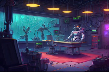 Generative AI illustration of humanoid robot working in research laboratory. Artificial intelligence, automation of science, studio lighting, fantasy composition, cyberpunk