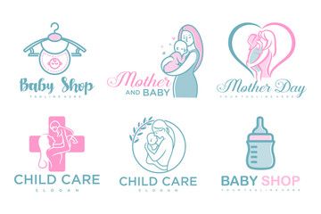 happy baby and mother icon set logo design.badges for children store & baby care center.illustration