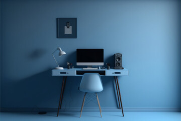 blue wall cosy interior with tiny desk