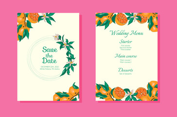 Set of wedding invitation cards with bright oranges, flowers and leaves template design
