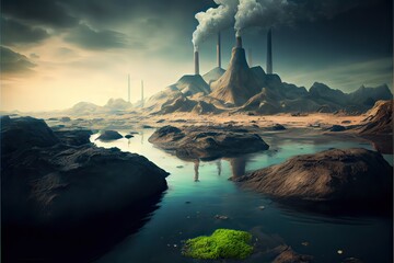 Fototapeta premium Generative AI illustration of landscape with ecological disaster. Polluted earth and ocean