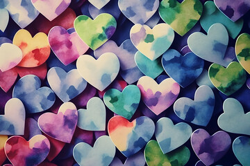heart shaped confetti. valentine background. Abstract colorful background with watercolor hearts. Colorful background. Heart pattern. Generative AI