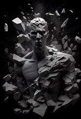 Generative AI illustration of realistic stone man sculpture broken and pieces in black background. Motivation and surpassing yourself concept