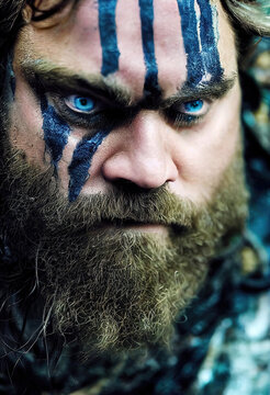 Angry fictional viking warrior with war paint in his face as closeup portrait (Generative AI)