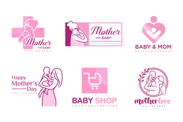 happy baby and mother icon set logo design.badges for children store & baby care center.illustration