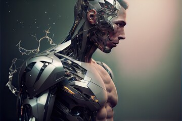 Generative AI illustration of robot turning human still have skin, into cyborg, cyberpunk background
