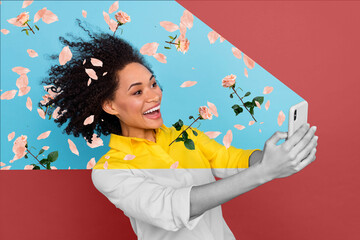 Photo collage retro poster banner magazine sketch of attractive african lady use telephone black white gamma isolated on drawing background