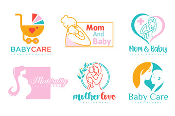 happy baby and mother icon set logo design.badges for children store & baby care center.illustration