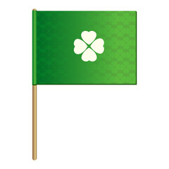 Small green flag with imprinted four leaf clover, symbol of the Irish holiday of St. Patrick's Day, party and festival decoration