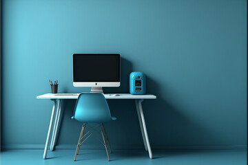 blue wall cosy interior with tiny desk