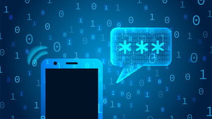 Illustration of sms with verification code. Smartphone and sms on blue binary background