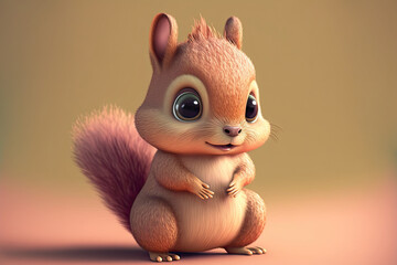 Cute 3D squirrel character over pastel background made with Generative AI. - obrazy, fototapety, plakaty